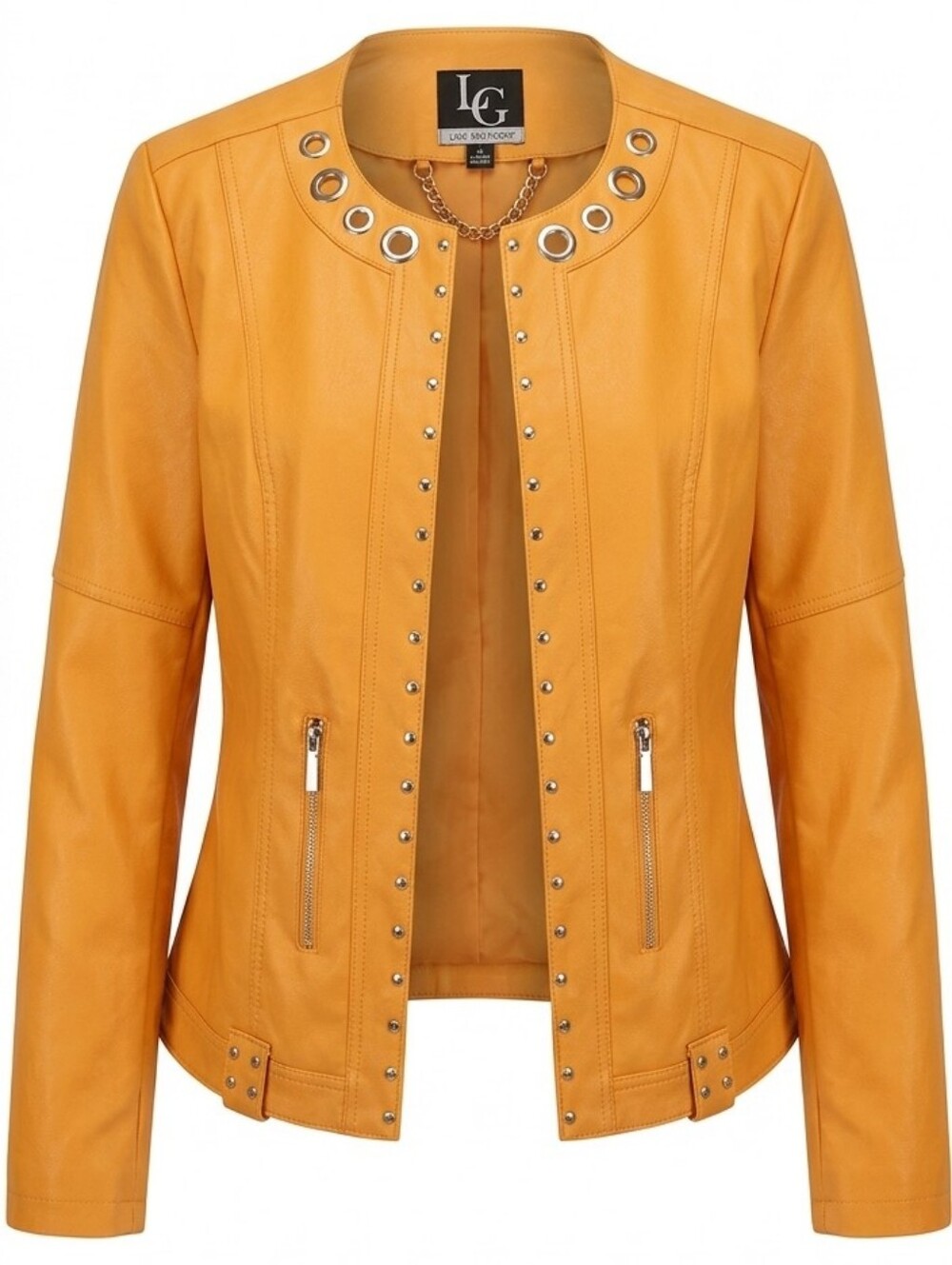 Lena Gabrielle Faux Leather Jacket Size 8 Orange Studded Moto Y2K Edgy - Picture 1 of 7